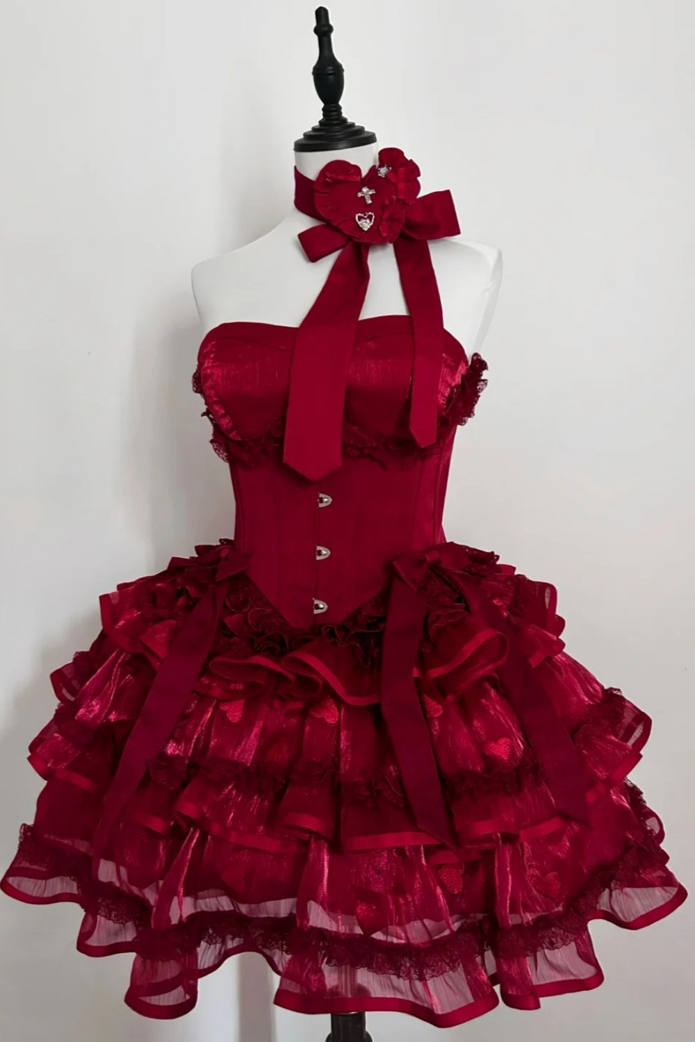 formaldressy-Long sleeve/sleeveless Vintage Wine Red Lolita Bow Lace Tiered Short Party Dress gh6031