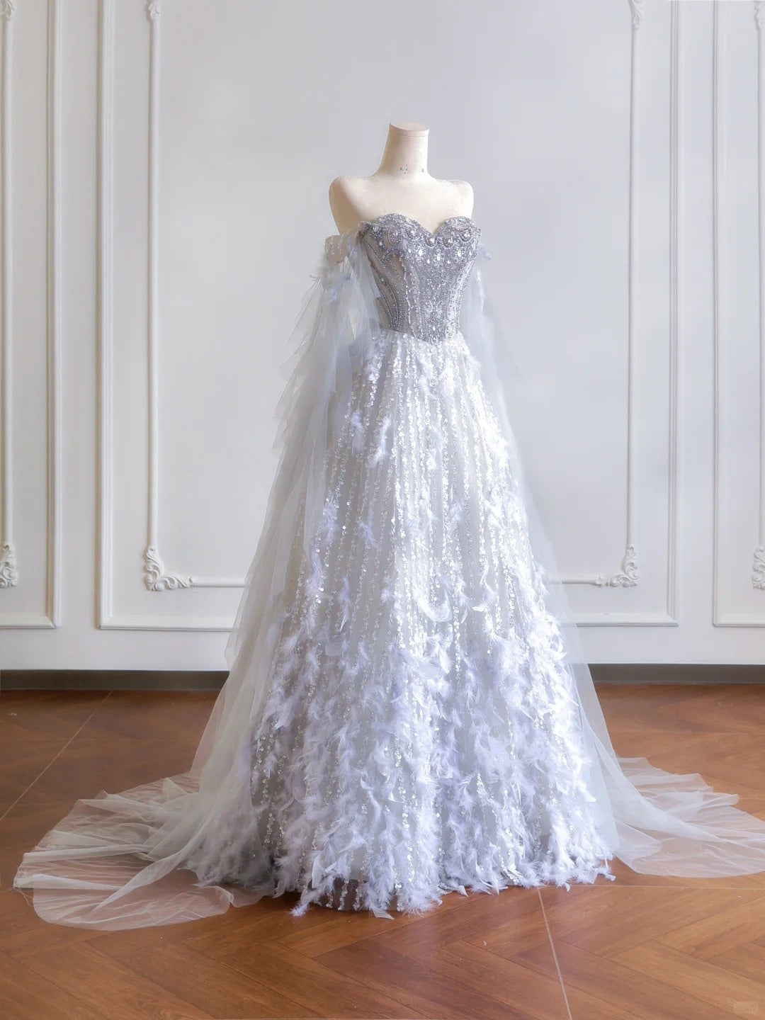 formaldressy--Gray purple gorgeous feather tulle and diamond exquisite beading long tulle prom dress wedding dress gh5486