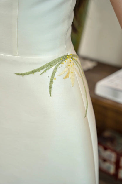formaldressy- Vintage Beige Orchid Grass Embroidered Square Neck Midi Chinese Style Evening Gown gh6035