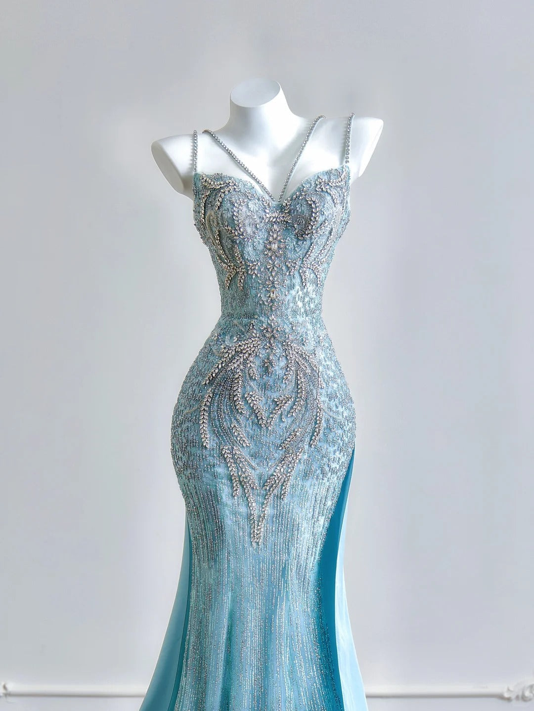 formaldressy--Aqua blue mermaid tail exquisite beaded long floor-length tulle prom dress gh5484