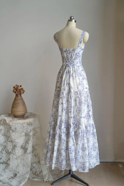 formaldressy- Vintage Blue-White Floral Square Neck Spaghetti Strap Long Style Evening Gown gh6036