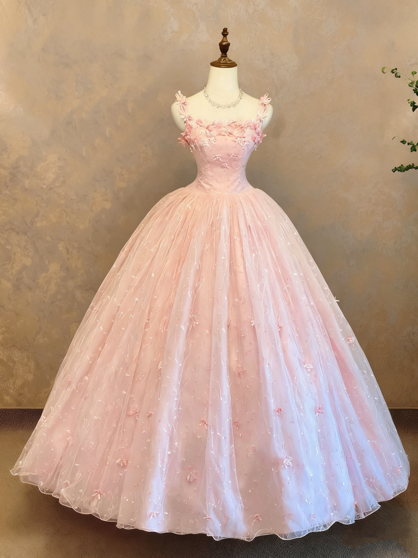 formaldressy-Light Pink Tulle 3D Flower-Embellished Spaghetti-Strap Sleeveless Floor-Length Court-Style Gown gh6362