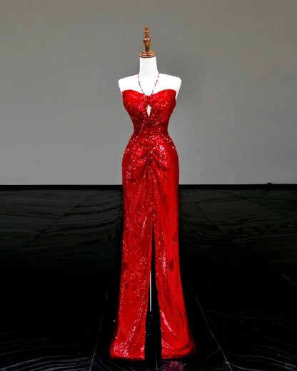 formaldressy-Red sexy suspenders elegant long sequined prom dress evening dress party dress gh5123