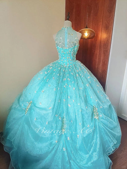 formaldressy-Mint Green Glitter Beaded Floral Long Tulle Floor-Length Ball Gown gh5300