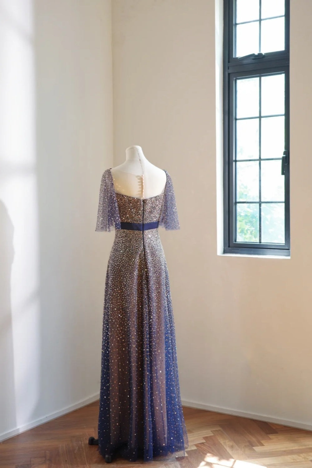 formaldressy-Vintage Blue-Gold Gradient V-Neck Sequin Bow Long Evening Gown gh6030