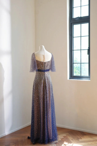 formaldressy-Vintage Blue-Gold Gradient V-Neck Sequin Bow Long Evening Gown gh6030