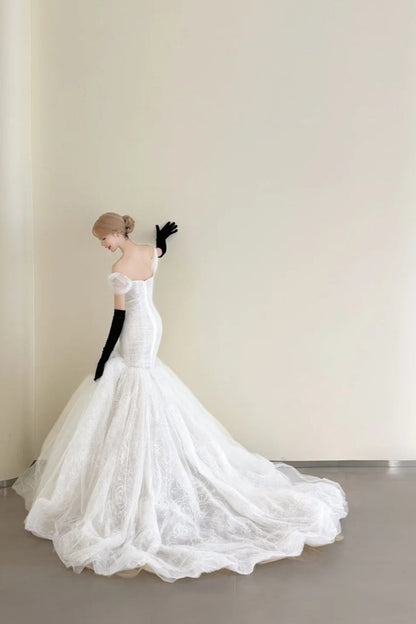 formaldressy-Vintage Black-White Contrast Bow Off-Shoulder Mermaid Court Style Wedding Gown gh6026
