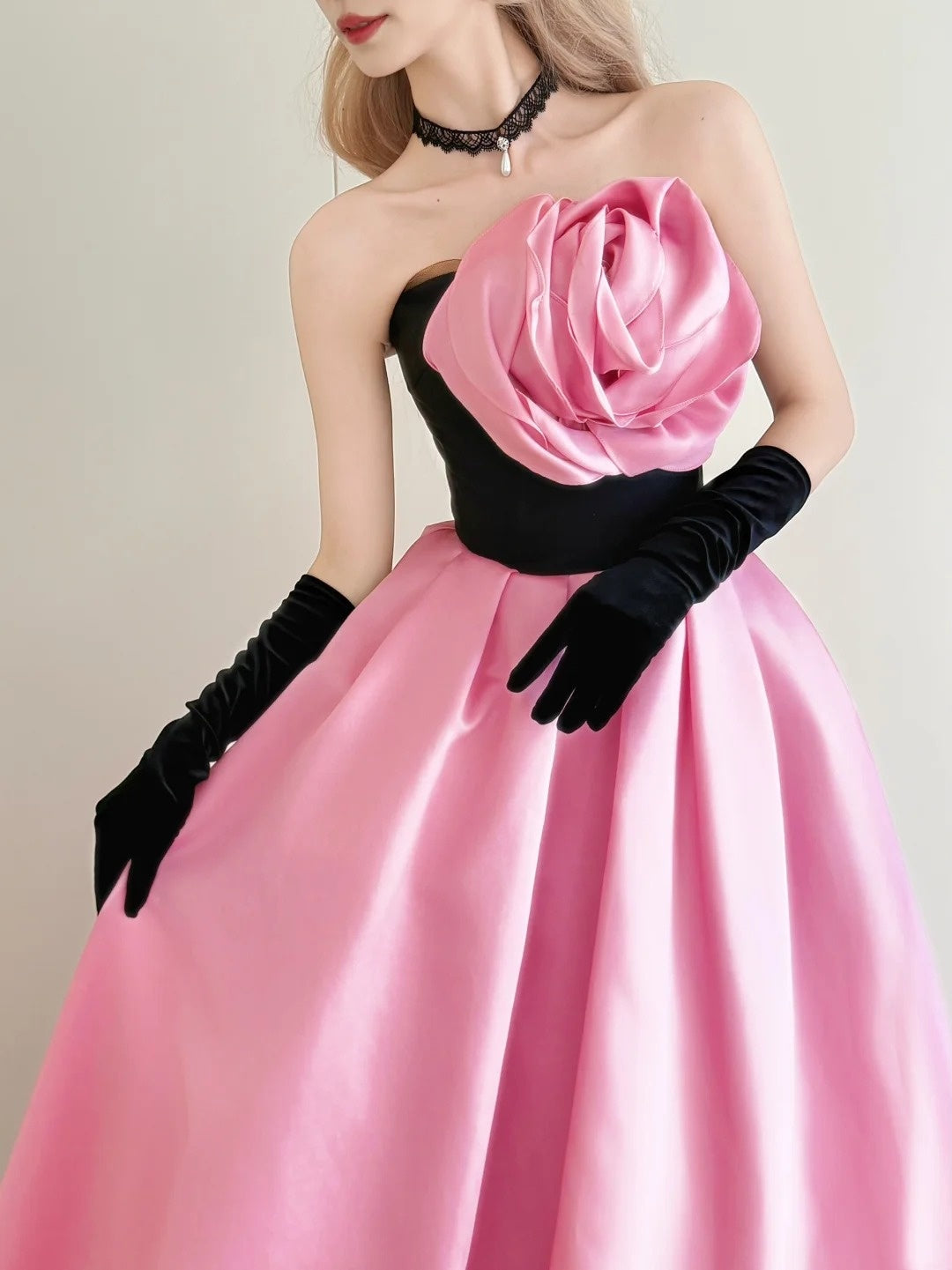 formaldressy-Vintage Pink-Black Contrast 3D Floral Strapless Swing Court Style Evening Gown gh6029