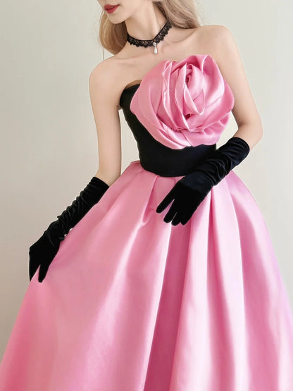 formaldressy-Vintage Pink-Black Contrast 3D Floral Strapless Swing Court Style Evening Gown gh6029