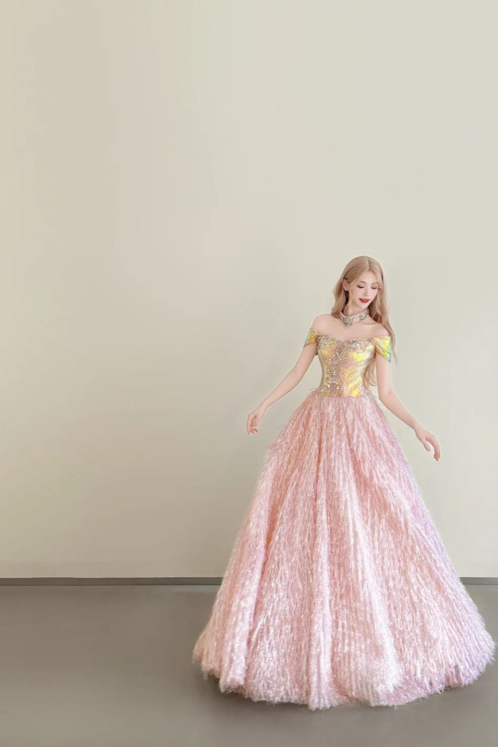 formaldressy-Vintage Pink-Gold Contrast Off-Shoulder Court Style Evening Gown gh6027