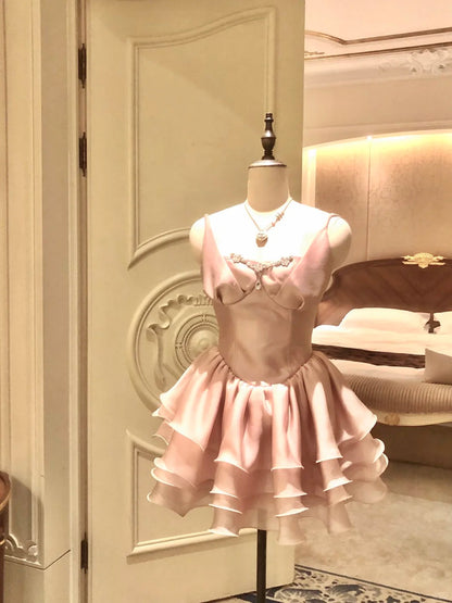 formaldressy-Pink short satin tulle homecoming dress birthday party dress eighth grade dress gh5293