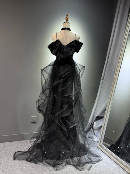 formaldressy -Black shiny elegant long sequined tulle Prom dress evening gown graduation dress gh5107