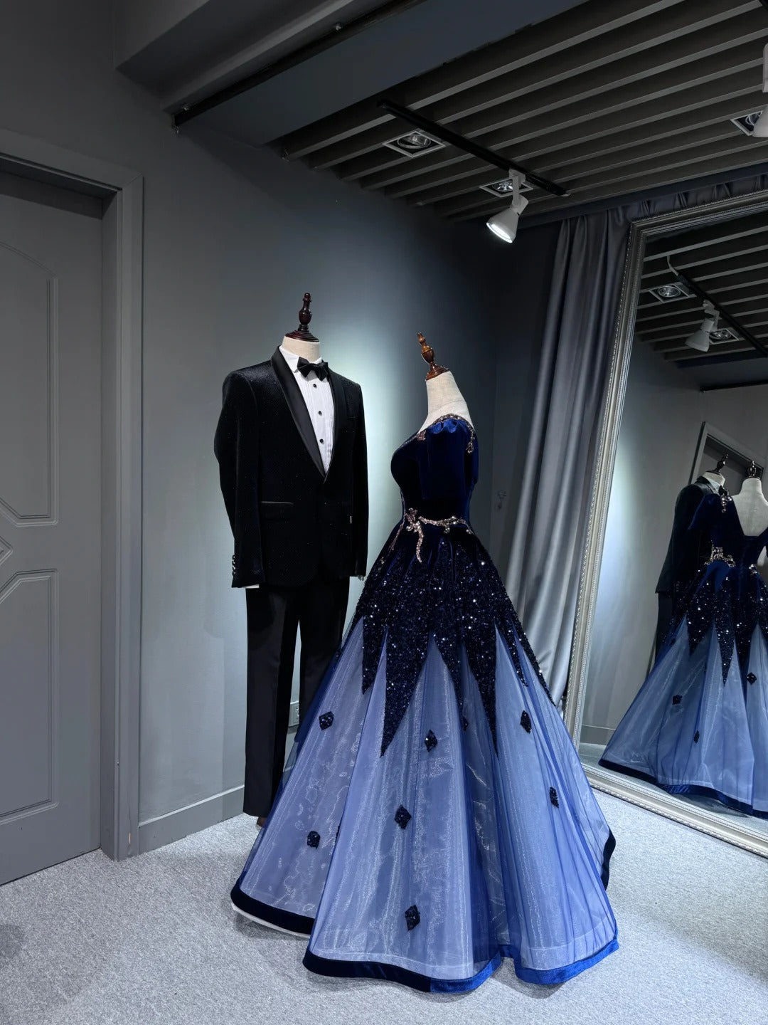 formaldressy -Blue shiny long sequined tulle ball gown evening dress graduation dress gh5110