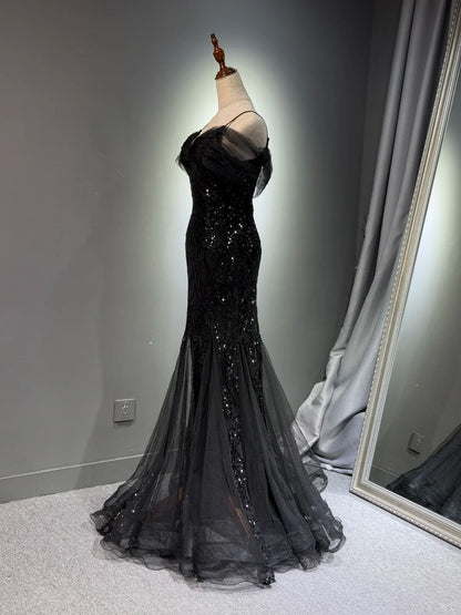 formaldressy -Black shiny mermaid long sequined ball gown evening dress graduation dress gh5112