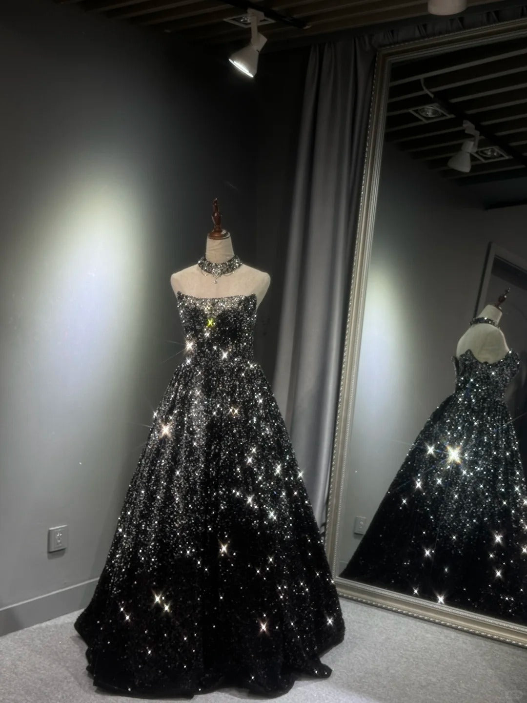 formaldressy -Black silver gradient shimmering long sequined tulle ball gown evening dress gh5109