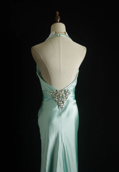 formaldressy-Mint Green Satin Halter Sleeveless Floor-Length Beaded Mermaid Evening Gown gh6307