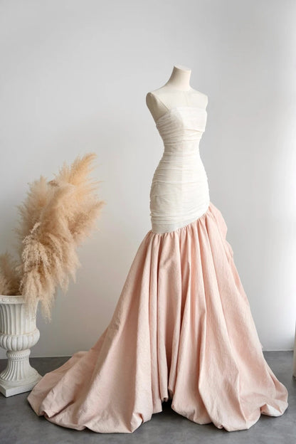 formaldressy- Vintage Pink-White Contrast Ruched Strapless Mermaid Long Evening Gown gh6091