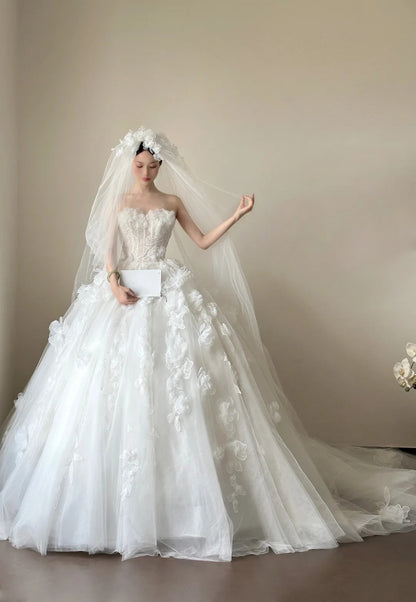 formaldressy- Vintage White 3D Floral Strapless Long Train Court Style Wedding Gown gh6093