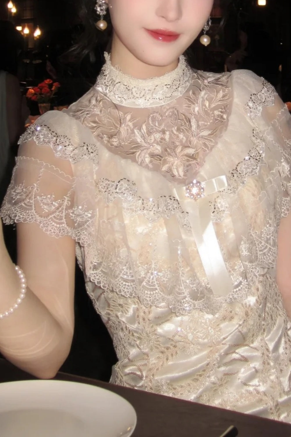 formaldressy-Birthday dress Lace Embroidery High-neck Gown, Retro Elegance Shows Feminine Softness gh5898