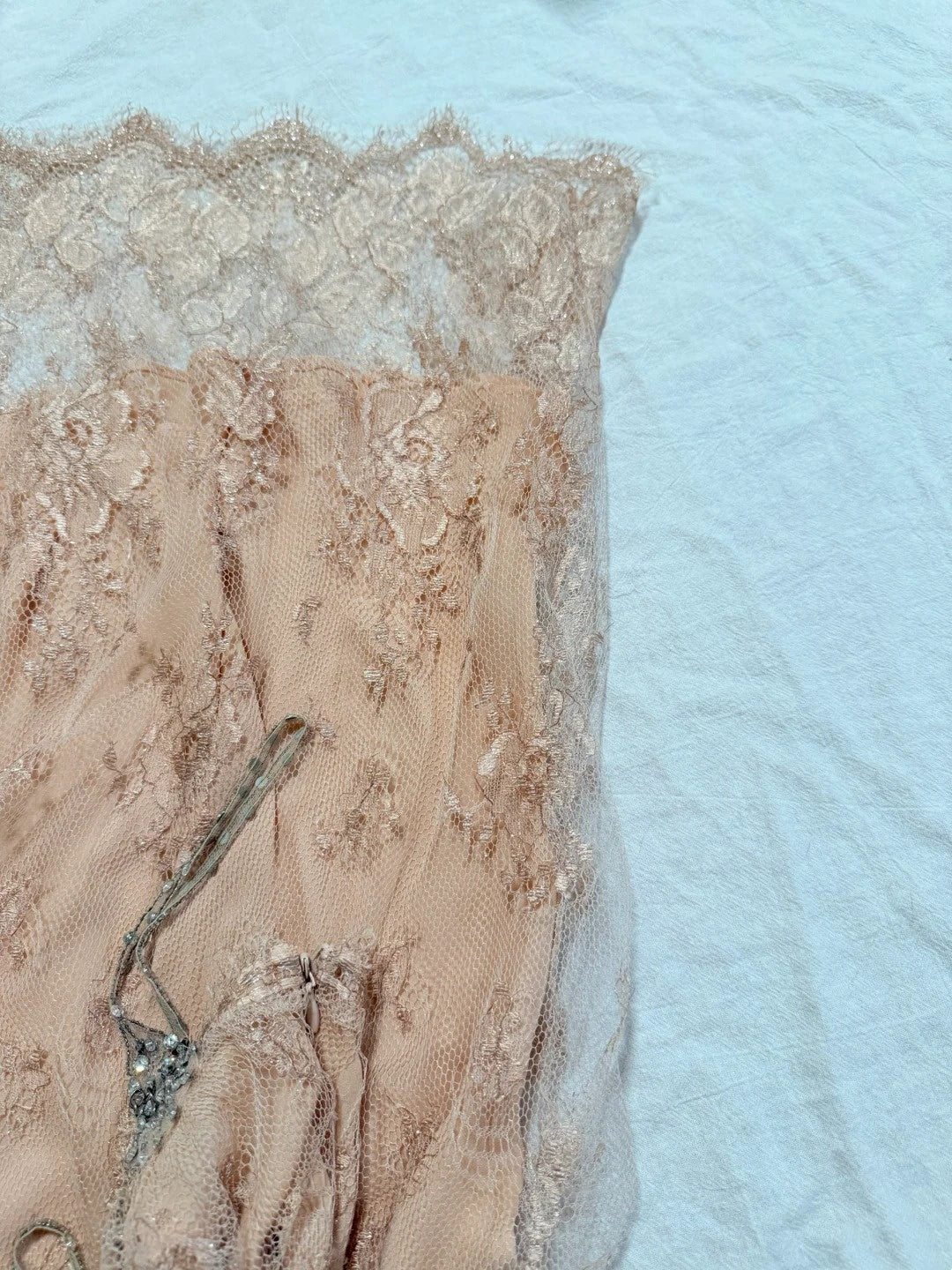 formaldressy-Nude Pink Lace Spaghetti Straps Midi Dress with Beading Detail gh6313