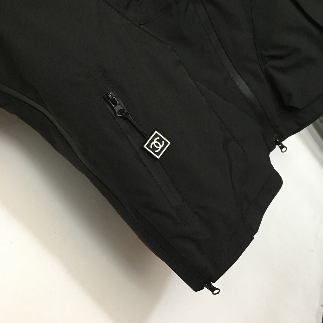 CC Logo Letter Print Zipper Pocket Long Sleeve Hooded Windbreaker Jacket
