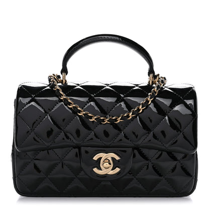 Patent Quilted Mini Top Handle Rectangular Flap Black