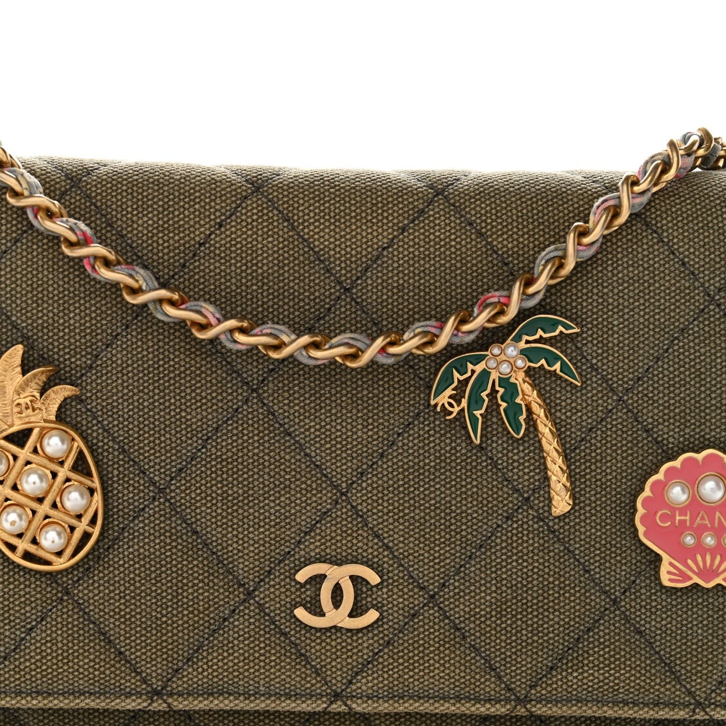 Canvas Quilted Coco Cuba Charms Wallet on Chain WOC Khaki