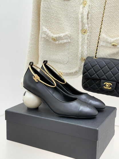CC 26C Ribbon Camellia Mary Jane With Giant Pearl Black Lambskin