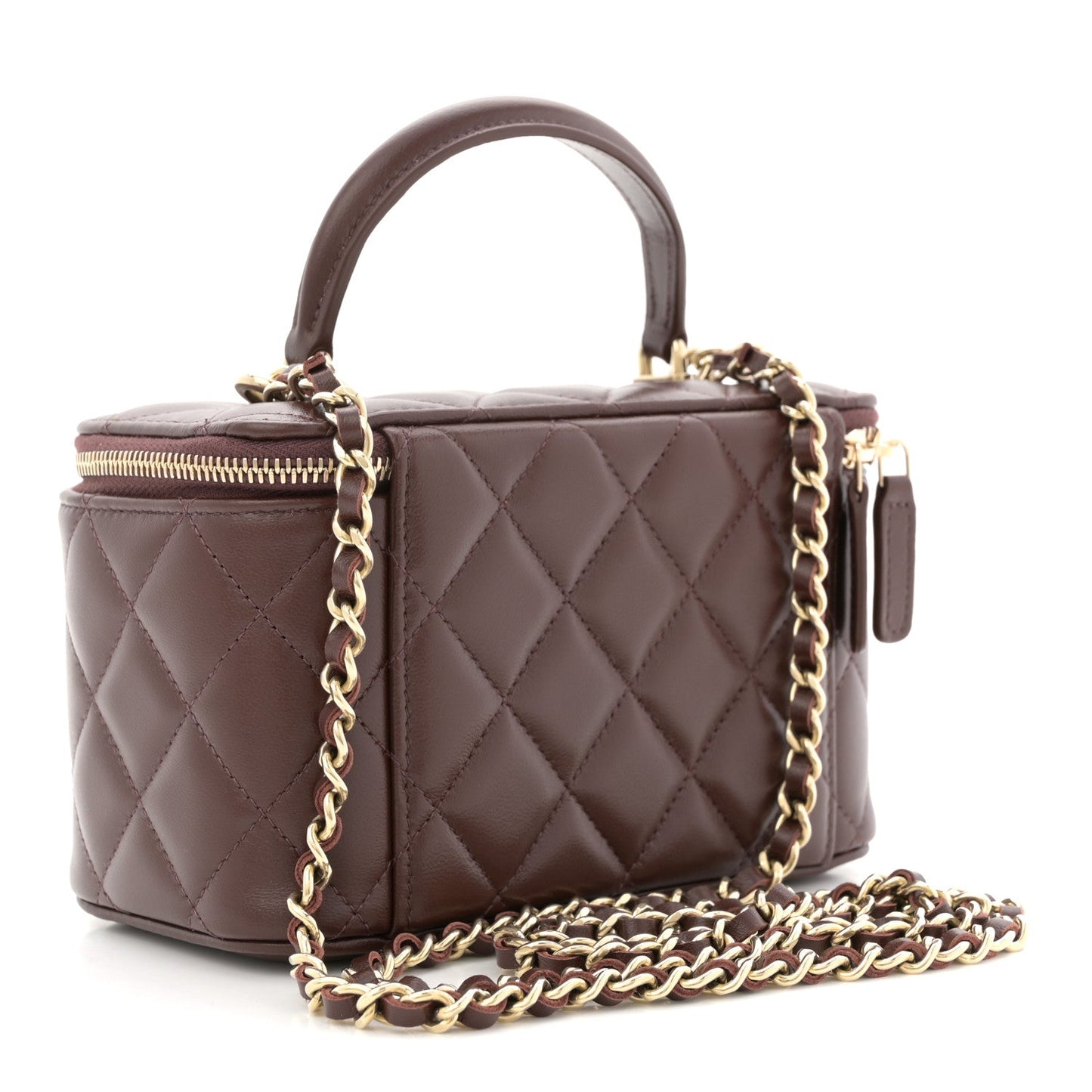 Lambskin Quilted Small Top Handle Vanity Case With Chain Dark Brown