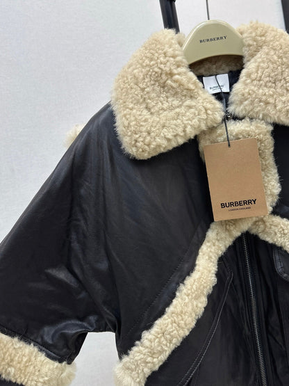 Burberry 25 Shearling-trimmed Bomber Jacket Black Cream Fur Leather