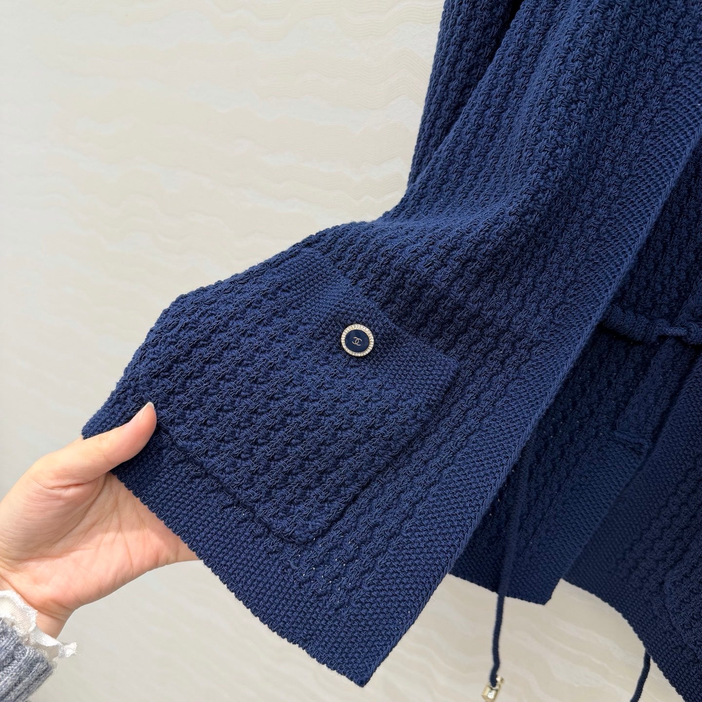 Chanel 26c Rhinestone Buckle Belt Cardigan Blue Wool 333721