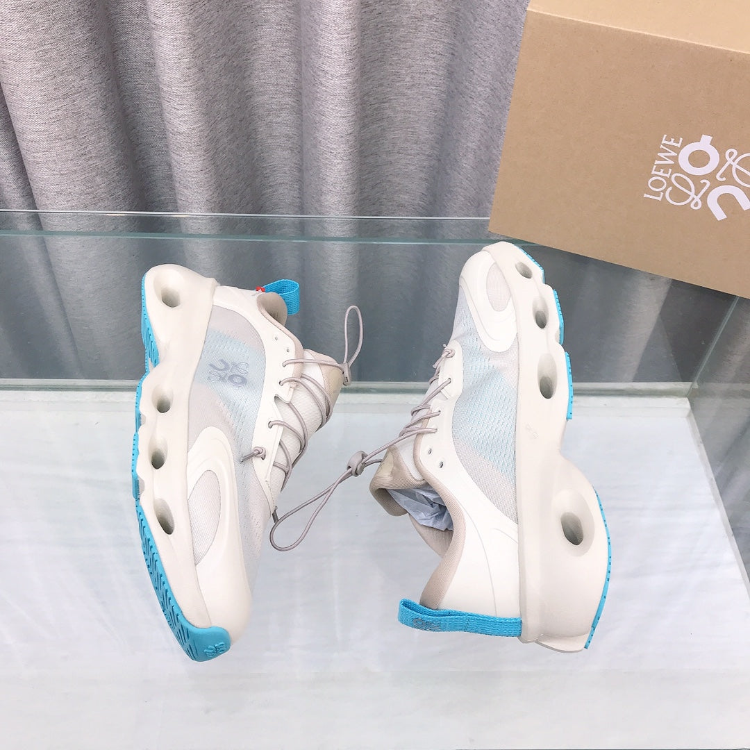 Loewe x on Angpao Couple Running Sneakers White Blue Nylon Calfskin 597426
