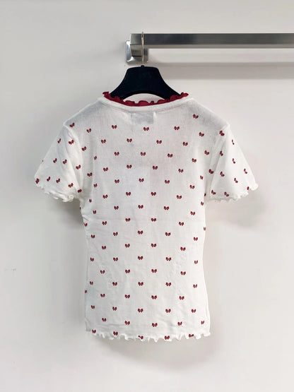 Chanel 2026 V-neckline With Scalloped Trim Shirt White and Red Wool