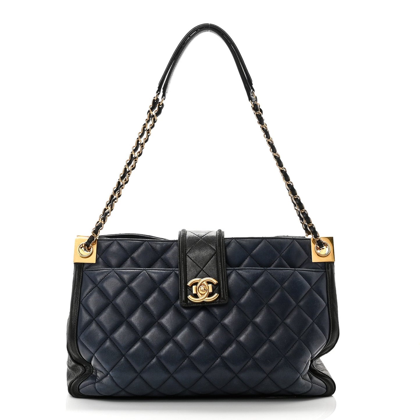 Lambskin Quilted Elegant CC Shopping Tote Navy Black