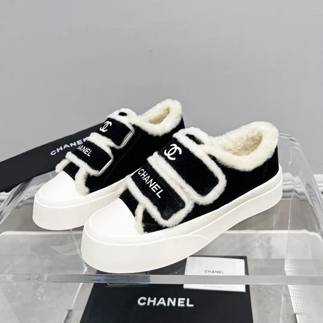 CC Sneaker Thick-Soled White Black Suede Wool Lining Fleece