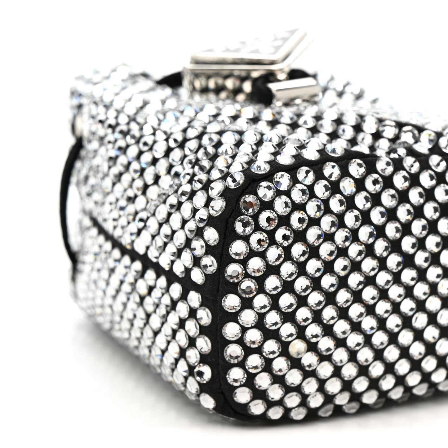 Satin Crystal Metal Triangle Logo Mini Drawcord Pouch Shoulder Bag Crystal