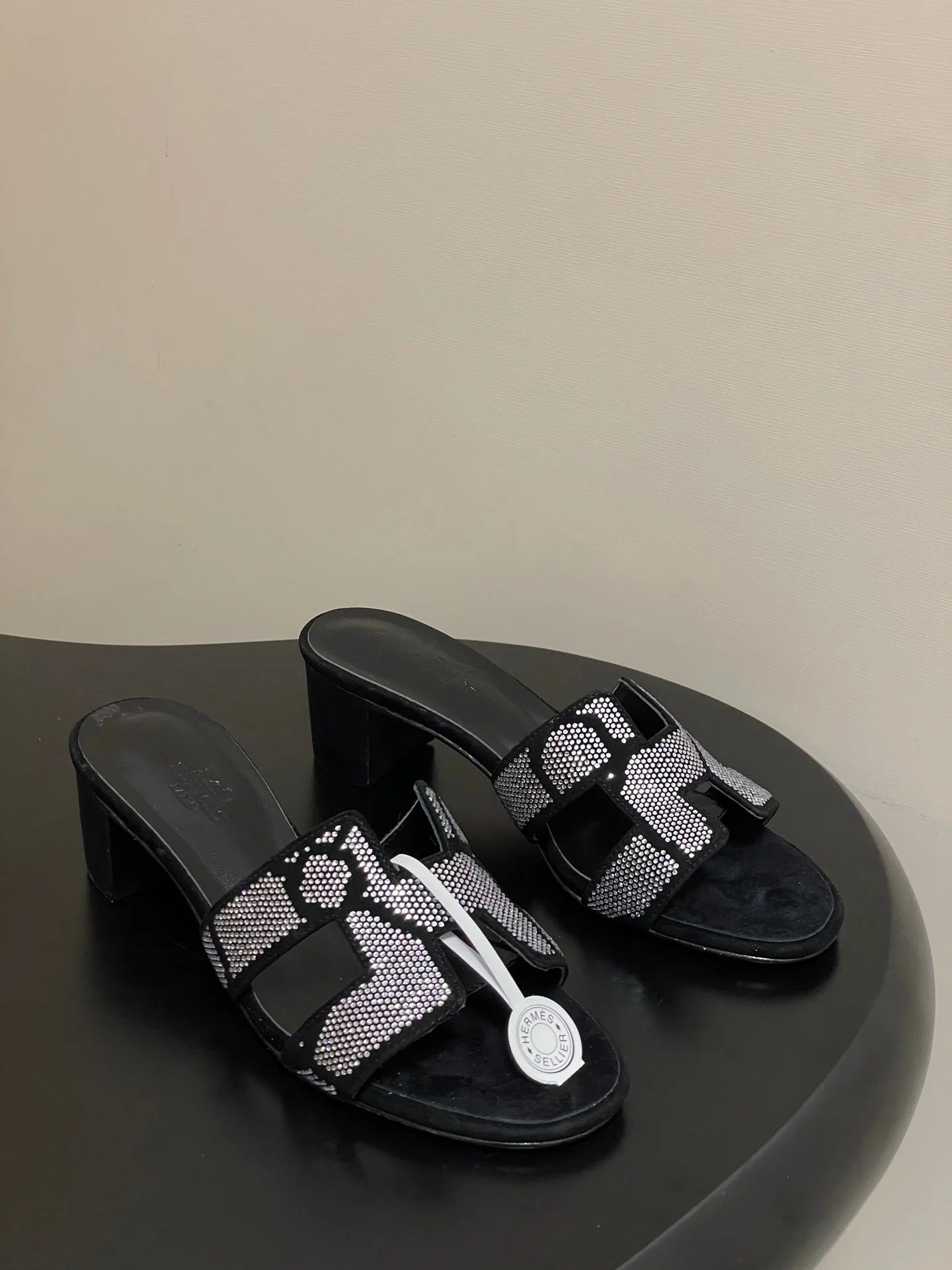 HM 25S ORAN HIGH‐HEEL SANDAL 50 MM IN BLACK LAMBSKIN WITH WHITE STONE DETAILS
