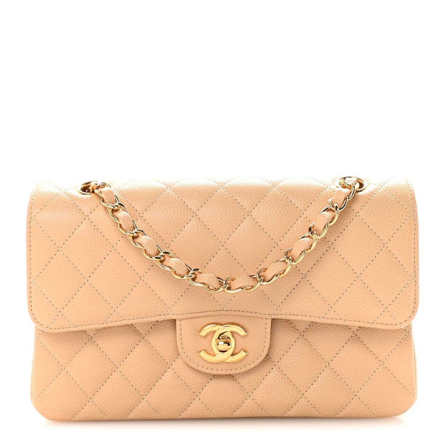 Caviar Quilted Small Double Flap Beige