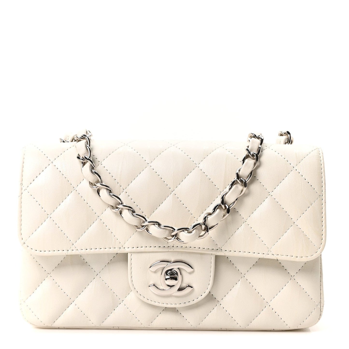 Iridescent Calfskin Quilted Mini Rectangular Flap White