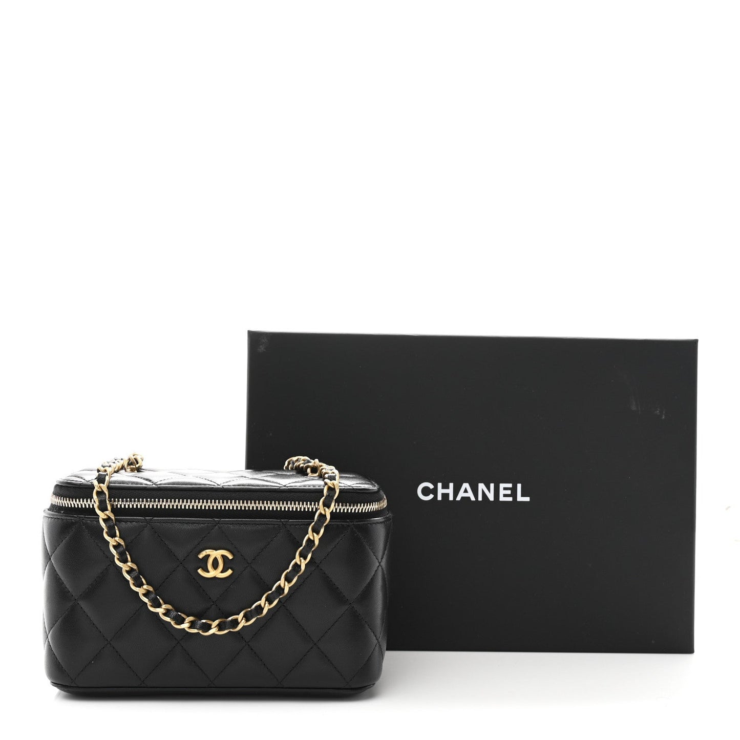 Lambskin Quilted Pearl Crush Small Vanity Case With Chain Black