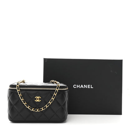 Lambskin Quilted Pearl Crush Small Vanity Case With Chain Black
