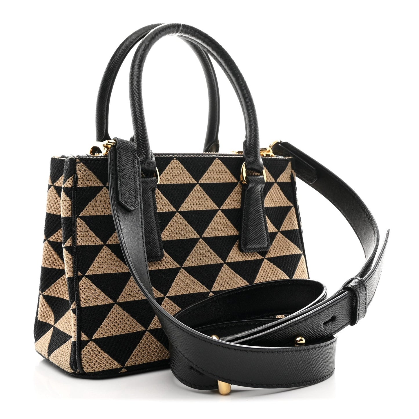 Jacquard Saffiano Triangolo Symbole Embroidered Mini Galleria Double Zip Tote Black Corda
