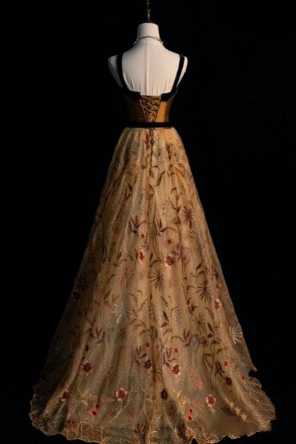formaldressy-Gold-Brown-Black Paneled Embroidered Tulle Sleeveless Floor-Length Vintage Gown gh6323
