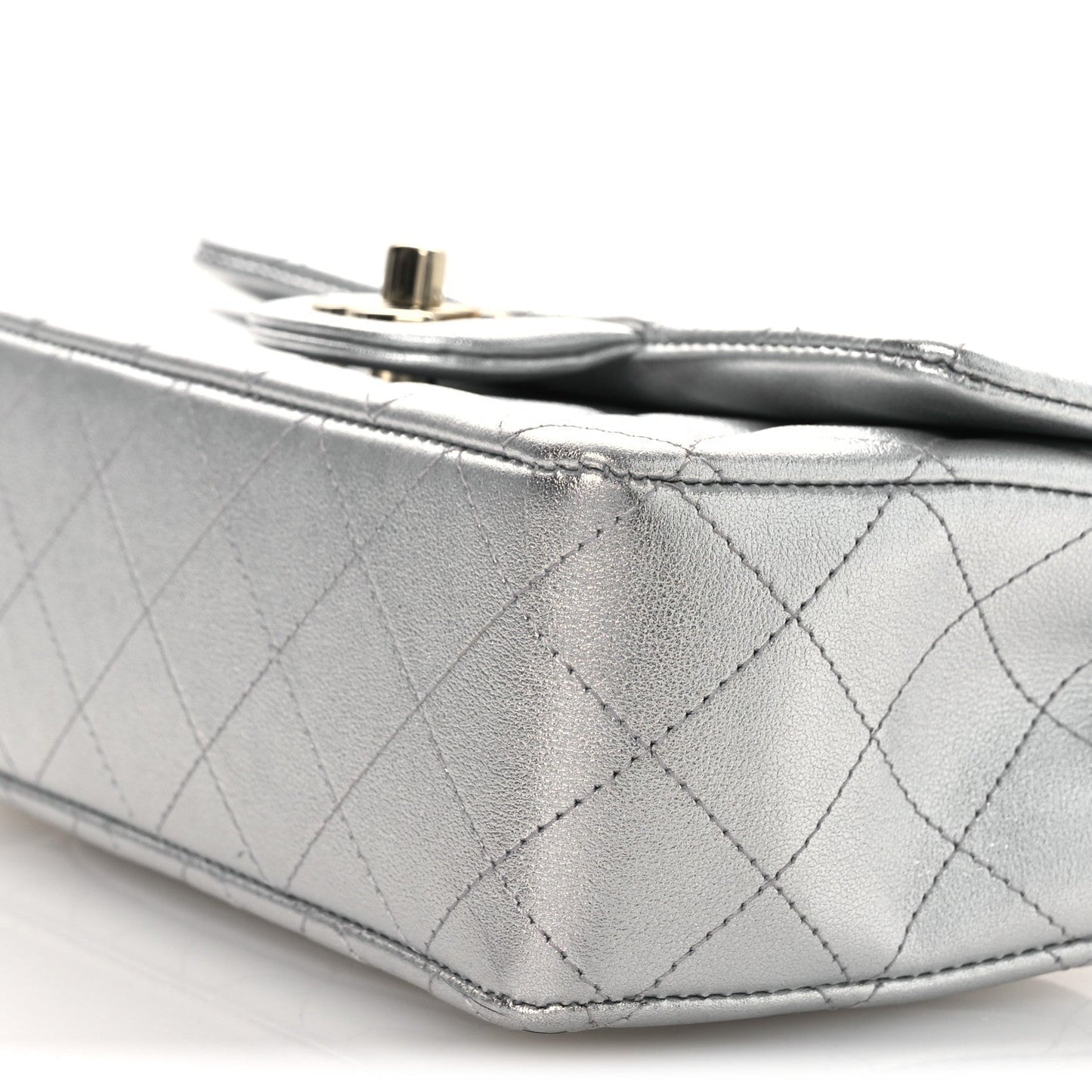 Metallic Lambskin Quilted Mini Rectangular Flap Silver