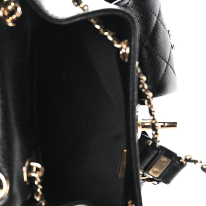 Shiny Caviar Quilted Small Duma Pockets Drawstring Backpack Black