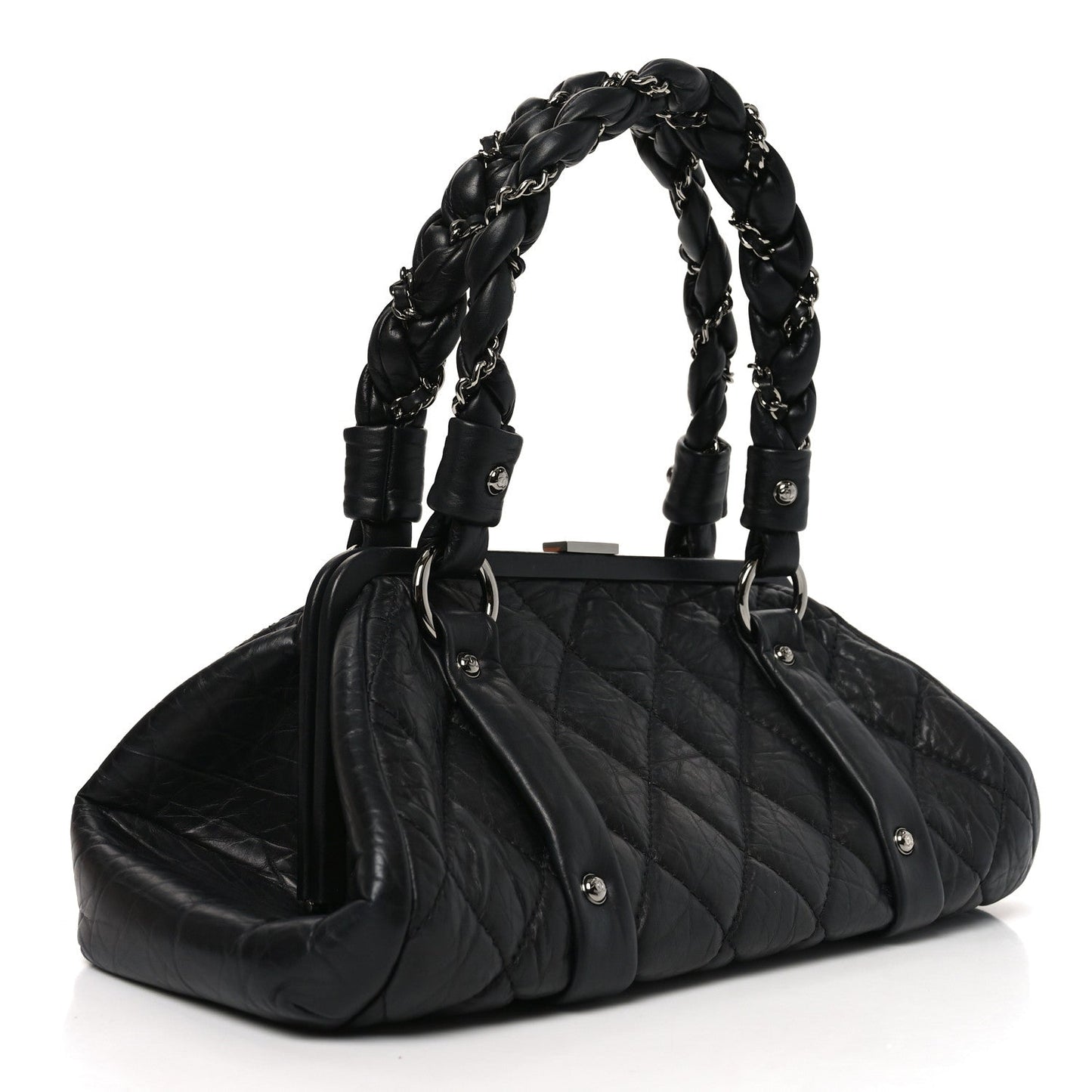 Distressed Lambskin Lady Braid Frame Bowler Black