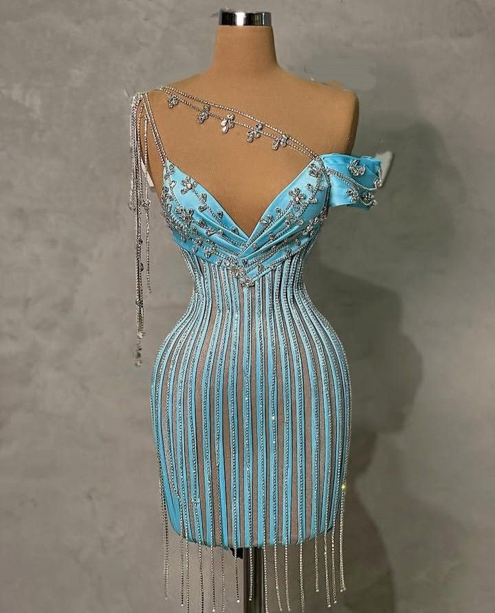 formaldressy-Blue exquisite beaded short satin homecoming dress birthday party dress cocktail party dress gh5429