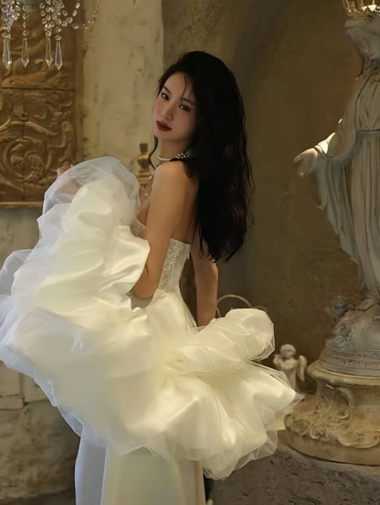 Elegant A Line Strapless White Lace Satin Long Sweep Prom Dress Wedding Dress SH4647