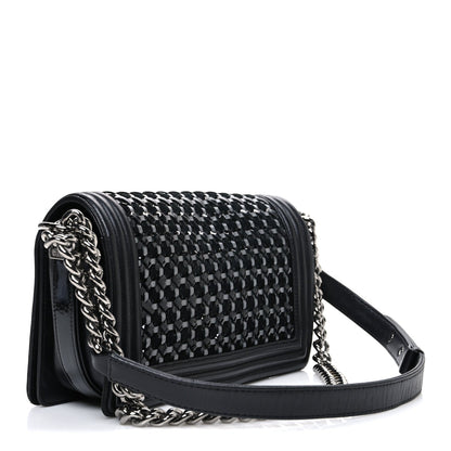 Calfskin Patent Braided Medium Boy Flap Black