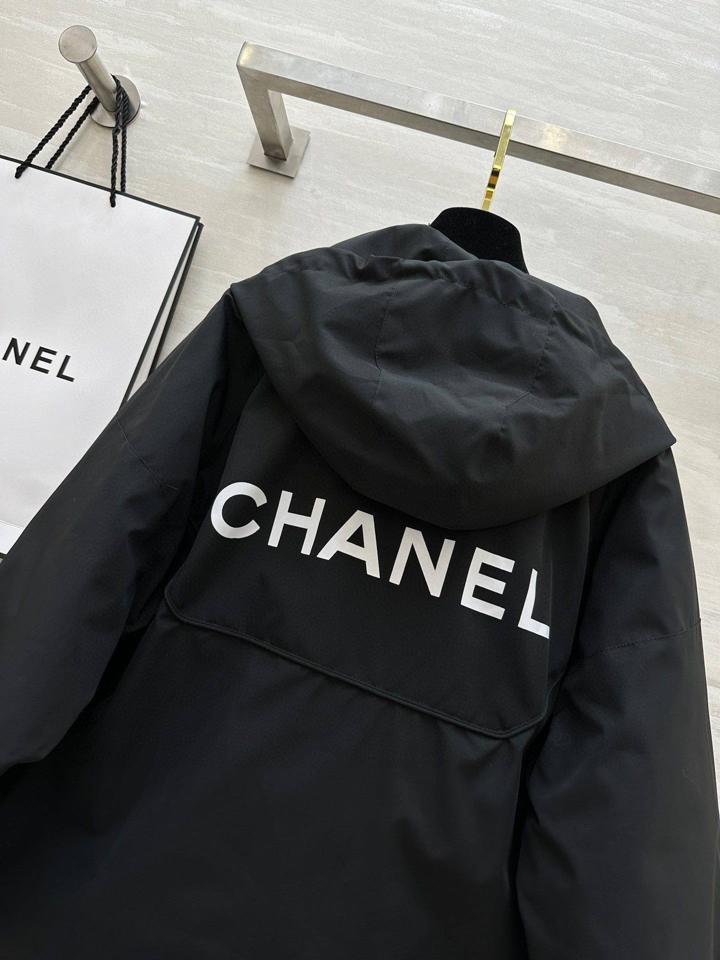 Chanel 25 Hooded Windbreaker Jacket Black Down Cotton 312195